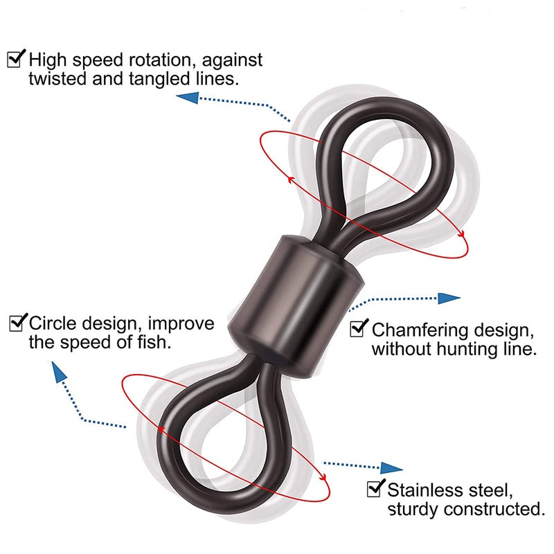 Shaddock Fishing Barrel Fishing Swivels Kit 500pcs Rolling Swivels Fishing Tackle Saltwater Heavy Duty Fishing Line Connectors Black Stainless Steel Bearing Swivels for Saltwater Freshwater 30-97Lbs - Image 2